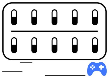 İçinde simetrik haplar ve mavi oyun kumandası olan kapsül paketi, sağlık ve oyun alanlarını harmanlıyor. Sağlık, teknoloji, yaratıcılık, gamifikasyon, sağlık uygulamaları, yenilik, düz basit metafor için ideal