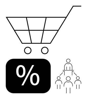 İndirim ve hiyerarşik ağ şeması için cesur yüzde işaretli alışveriş arabası. E-ticaret, perakende, dönüşüm, pazarlama, tasarruf, bağlantı, çevrimiçi stratejiler için ideal. Düz basit