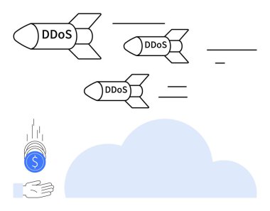 Buluta doğru ilerleyen DDoS etiketli üç füze ve hasar gösteren madeni paralar. Siber güvenlik, risk yönetimi, bulut güvenliği, finansal kayıp, sistem savunması için ideal
