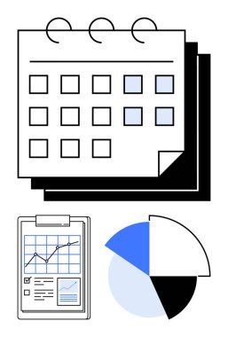 Tarihli takvim, trend grafikli pano raporu ve veri eğilimleri için pasta grafiği. Üretkenlik, zaman yönetimi, iş analizleri, mali planlama, araştırma, raporlama dairesi için ideal