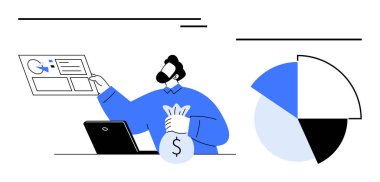 Elinde dizüstü bilgisayarı, para çantası ve pasta grafiği olan bir adam var. Finans, yatırım, analiz, bütçe, strateji teknolojisi küçük işletmeler için idealdir. Düz basit metafor
