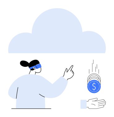 VR gözlük takan kişi, dijital paralar açık bir ele düştüğünde bulut hesaplama arayüzü ile etkileşime geçiyor. Teknoloji, finans, bulut hesaplama, yenilik, sanal etkileşim, kullanıcı için ideal