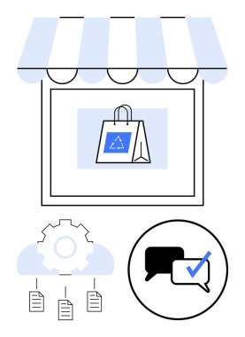 Vitrinde eko sembolü olan bir alışveriş torbası, bağlı belgeli bulut teçhizatı, işaretli sohbet balonu. Sürdürülebilirlik, e-ticaret, teknoloji, geri bildirim, yenilik, işbirliği için ideal