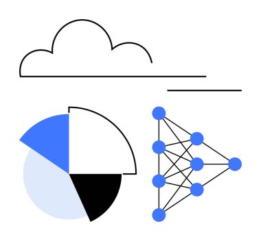 Bulut hatları, sinirsel ağ düğümleri ve bağlantılar, pasta grafiği veri görselleştirmesi. Bulut hesaplama, yapay zeka geliştirme, makine öğrenimi, veri bilimi, analitik, yenilik teknolojisi için ideal