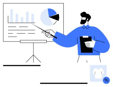 Grafiklere ve sunum panosundaki pasta grafiklerine bakan bir adam. İş stratejisi, pazarlama, analitik, eğitim, satış, finans ve basit iniş sayfası için ideal