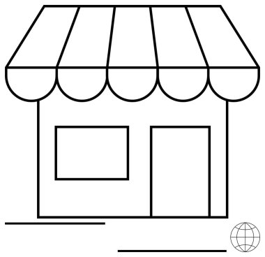 Çizgili güneşliği, kare penceresi, kapısı ve küresel ya da çevrimiçi bağlantıyı gösteren küresel ikonu olan küçük bir dükkan önü. Perakende, e-ticaret, küçük işletme, küreselleşme, ticaret için ideal