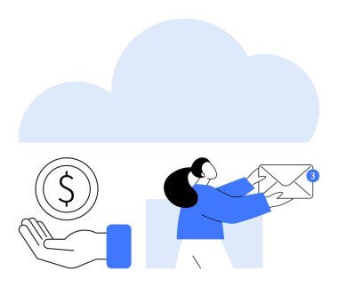 Bir kişi e-posta bildirimi, bir elde para ve veri, finans ve dijital iletişimi sembolize eden bulut simgesi alıyor. Finans uygulamaları, e-posta hizmetleri, bulut depolama, bildirimler için ideal
