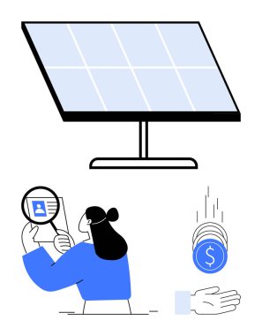 Profili incelemek için büyüteç tutan kadın, büyük güneş paneli, el ele tutuşan bozuk paralar. Sürdürülebilirlik, istihdam, güneş enerjisi, çevre dostu uygulamalar, finansal yatırım, yenilenebilir kaynaklar için ideal