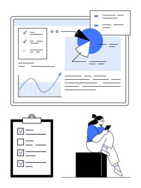 Çizelgeler ve grafikler içeren veri paneli, panoda bir kontrol listesi ve tableti inceleyen bir kişi. Analiz, organizasyon, üretkenlik, iş akışı, iş planlaması, eğitim için ideal