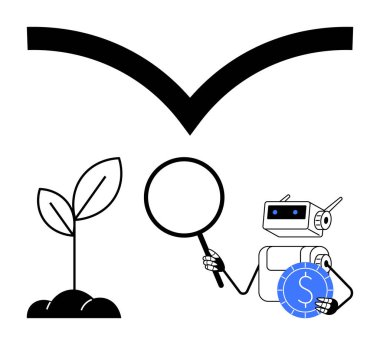 Robot, okun altında bitki yetiştirmenin yanında büyüteç ve para tutuyor. Otomasyon, yapay zeka, analitik, yenilik, finans, sürdürülebilirlik, büyüme için ideal. Düz basit metafor