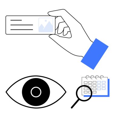 Üzerinde resim ve metin olan el ele tutuşan kimlik kartı, göz simgesi, takvim üzerinde büyüteç. Kimlik, güvenlik, gözlem, zamanlama, arama, organizasyon için ideal