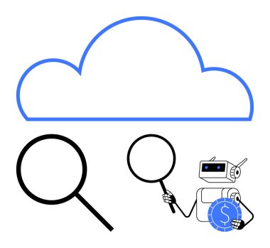 Bulut çizgisi ve para sembolünün yanında büyüteç tutan robot. Bulut hesaplama, veri analizi, arama optimizasyonu, yapay zeka, finans, yenilik, dijital teknoloji düz metaforu için ideal