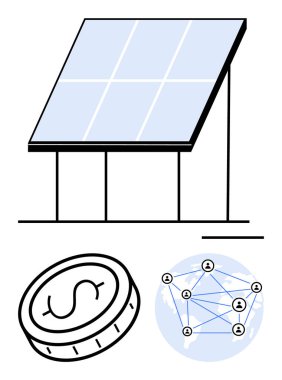 Temiz enerjiyi vurgulayan güneş paneli, finansal büyümeyi sembolize eden bir bozuk para ve bağlantıyı vurgulayan bir engelleme ağı. Yeşil enerji, sürdürülebilirlik, yenilik, engelleme zinciri ve finans için ideal