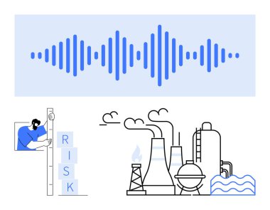 Mavi ses dalgalı ses dalgaları, bloklardaki riski ölçen kişi, bacalı endüstriyel fabrika. Teknoloji, risk yönetimi, sanayi süreçleri, ses verileri, enerji üretimi için ideal