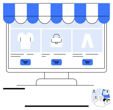 Bilgisayar monitörü giyim ikonlarıyla, alışveriş arabasının düğmeleriyle ve analitik pasta grafiğiyle dijital mağazayı gösteriyor. E-ticaret, perakende, pazarlama, analitik, dijital iş için ideal, çevrimiçi