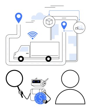 Minibüs, konum pimleri, kablosuz bağlantıları ve kargo görüntüleriyle haritalanmış bir rota boyunca ilerliyor. Robot verileri ve insan simgesini analiz ediyor. Lojistik, yapay zeka, navigasyon, izleme ve tedarik zinciri otomasyonu için ideal