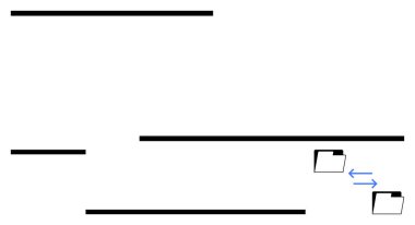 Yatay siyah çizgiler boru hatlarını ya da veri akışını temsil ediyor. Mavi oklarla bağlanan dizinler veri paylaşımını, iletişimi ya da dosya değişimini gösteriyor. Veri transferi, iletişim, organizasyon için ideal