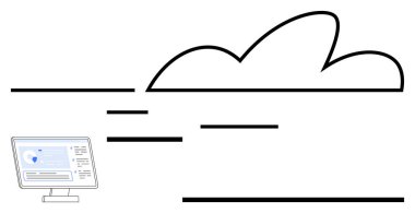 Masaüstü monitörü, asgari çizgi biçiminde büyük bir bulutun yanında veri gösteriyor. Dijital dönüşüm, bulut depolama, teknoloji, internet, veri yönetimi, bilişim çözümleri, iletişim için ideal