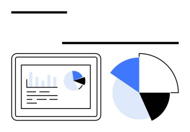 Tablet ekranda çubuk grafiği ve pasta grafiği gösteriliyor. Yakın segmentli pasta grafiği veri görselleştirmesini vurgular. İş, analitik, istatistik, rapor, strateji, finans ve teknoloji için ideal. Düz