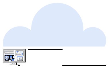Büyük mavi bulut, bilgisayar güvenlik simgeleri, veri analizleri ve performans çizelgeleri gösteriyor. Teknoloji, bulut çözümleri, veri depolama, siber güvenlik, bilişim hizmetleri analizleri ve basit