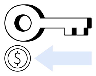 Üzerinde dolar işareti olan bir madeni paranın yanında mavi bir oku işaret eden bir anahtar. Güvenlik, yatırım, tasarruf, mali çözümler, iş stratejisi, zenginlik, basit iniş sayfası için ideal