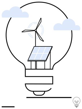 Yenilenebilir enerjiyi sembolize eden bir ampul içindeki güneş paneli ve rüzgar türbini. Sürdürülebilir enerji, yeşil teknoloji, iklim hareketi, çevre dostu tasarım, yenilik, gelecekteki teknoloji için ideal
