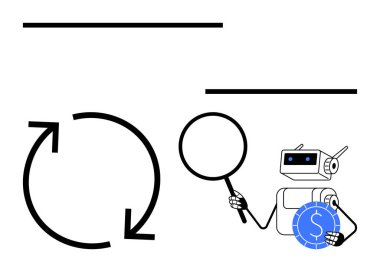 Robot büyüteç ve bozuk para tutuyor, dairesel okları keşfediyor. Finans, yapay zeka, otomasyon, veri analizi, engelleme zinciri, inovasyon makinesi eğitimi için idealdir. Düz basit metafor