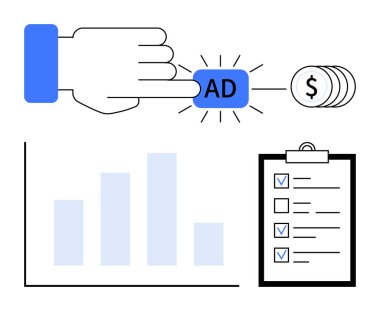 El tıklama reklam düğmesi, dolar ikonu ile sembolize edilen gelir üretir. Bar tablosu büyümeyi gösteriyor, kontrol listesi görevleri vurguluyor. Pazarlama stratejileri, ROI analizleri, web reklamları ve iş raporları için ideal