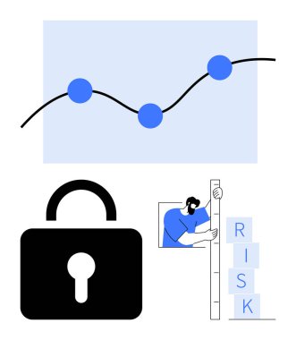 Veri noktaları, asma kilit ve riski değerlendiren kişi çizelgesi. Siber güvenlik, analitik, iş planlaması, veri gizliliği, karar verme, risk yönetimi ve basit iniş sayfası için ideal