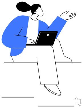 Dizüstü bilgisayarlı bir kadın kendinden emin bir şekilde fikirleri sunuyor. İletişim, uzaktan çalışma, liderlik, modern görevler, verimlilik, teknoloji bağlantıları, iş yeri esnekliği için ideal. Düz basit metafor