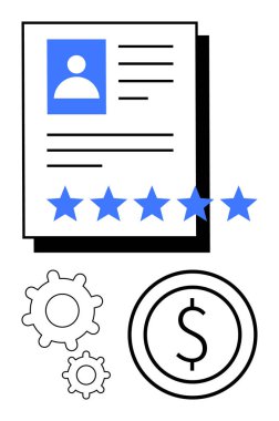 Profil fotoğrafı, beş yıldız derecesi, vites ve dolar ikonu ile devam edin. İşe alım, İK süreçleri, performans değerlendirmesi, kariyer büyümesi, iş olanakları için idealdir. Basit iniş sayfaları