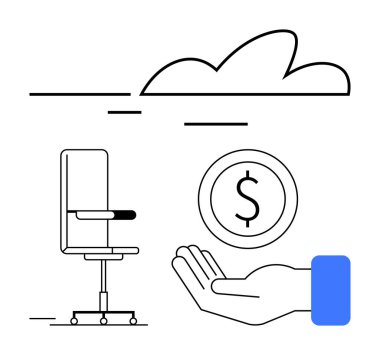 Tekerlekli sandalye, bozuk para tutan el, soyut bulut. İş, finans, çalışma alanı, uzaktan çalışma, yatırımlar, çevrimiçi hizmetler için ideal basit iniş sayfası