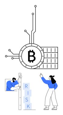 Dijital bitcoin devresi risk değerlendirmesi grafiklerinin üstünde, erkek istifleme blokları ve kadın işaret ediyor. Finans, teknoloji, engelleme zinciri, kripto para birimi, risk yönetimi, fintech, basit