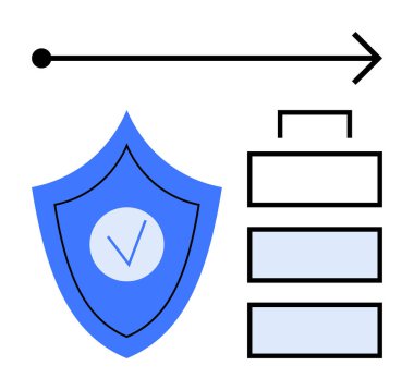 İşaretli mavi güvenlik kalkanı, ilerlemeyi gösteren ok ve enerji ve güvenilirliği gösteren pil sembolü. Siber güvenlik, enerji yönetimi, ilerleme, koruma, tasarım için ideal