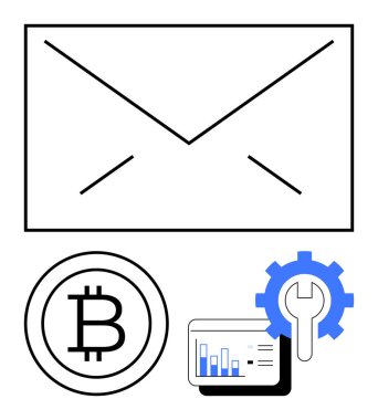 Bitcoin logolu zarf simgesi, analitik gösterge paneli ve ingiliz anahtarlı teçhizat. Fintech, kripto para birimi, e-posta pazarlama, engelleme zinciri, veri yönetimi çevrimiçi araçlar yeniliği için idealdir. Düz basit