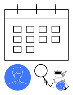Takvim ızgarası, insan profili ikonu, paranın üzerinde büyüteç tutan robot. Zamanlama, analiz, otomasyon, teknoloji, yapay zeka zaman yönetimi için ideal. Düz basit