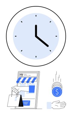 Tabletin üstündeki saat, el ele tutuşma çantasıyla arayüzü gösteriyor, madeni paralar el ele veriliyor. E-ticaret, zaman yönetimi, perakende, mali planlama, bütçe, tüketici alışkanlıkları için ideal