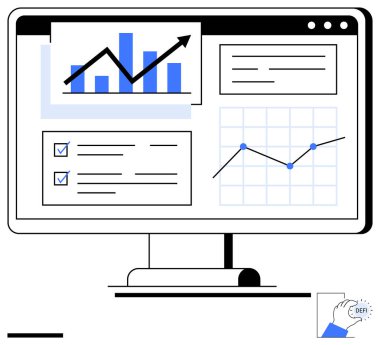 Analitik grafikleri, bar tablosunu, görev kontrol listesini ve içgörü için eğilim verilerini görüntüleyen monitör. Analiz, iş, finans, üretkenlik, planlama izleme ve basit iniş sayfası için ideal