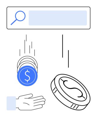 Büyüteci olan arama çubuğu, bozuk paraların açık bir ele düşmesi, finans, kazanç, çevrimiçi fırsatlar, arama, yatırım, tasarruf ve çevrimiçi uygulamalar. Basit bir iniş sayfası için ideal