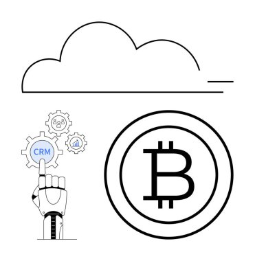 Robotik el, insanlar ve büyüme simgeleri, Bitcoin sembolü ve bulutun yanında, yapay zeka otomasyonunu, engelleme zincirini ve dijital dönüşümü sembolize eden CRM dişlileriyle etkileşir. Teknoloji için ideal