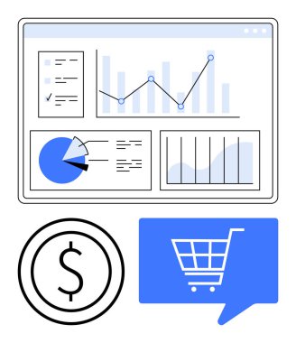 Grafikler, pasta grafiği, ve kontrol paneli arayüzü analizleri, dolar simgesi, alışveriş arabası. Ecommerce, finans, veri, bütçe alışveriş eğilimleri için ideal pazarlama içgörüleri basit iniş sayfası