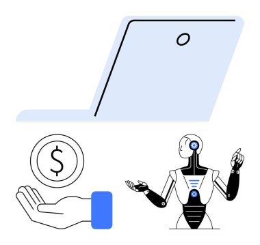 Dizüstü bilgisayar taslağı, robot figürleri, bozuk para tutan eller. Teknoloji için ideal, Al, finans, yenilik, modern çözümler, otomasyon sade iniş sayfası