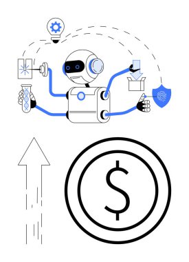 Görevlerle uğraşan çoklu kollara sahip robot, büyüme ve finans sembolleri eşliğinde DNA analizi, yenilik ve güvenliğe parmak basıyor. Yapay zeka, teknoloji, otomasyon, araştırma ve yenilik için ideal