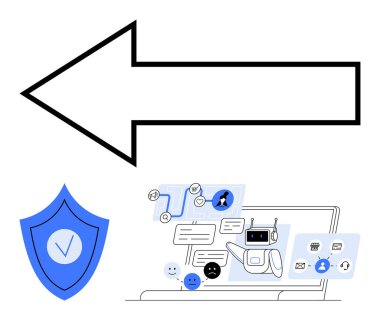 Solu gösteren büyük bir ok, işaretli bir kalkan ve yapay zeka sohbet robotları içeren bir laptop. Siber güvenlik, dijital iletişim, yapay zeka, veri güvenliği, teknoloji, otomasyon için ideal basit