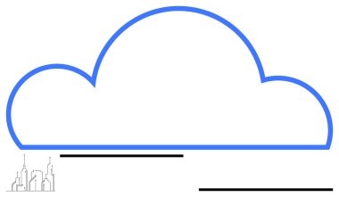 Siyah yatay çizgilerin üzerinde mavi bulut ana hatları ve küçük bir şehir manzarası. Teknoloji, bağlantı, depolama, yenilik, ağ oluşturma, kentsel planlama ve dijital kavramlar için idealdir. Düz basit