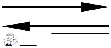 Karşıt yönlerdeki kalın siyah oklar çelişkili yolları vurgular. Minimalist fabrika küçük duman bulutları yayar. Endüstri, büyüme, kutuplaşma, karar verme süreci, enerji, basit