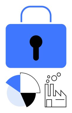 Güvenliği temsil eden mavi kilit, analitiği sembolize eden pasta grafiği ve endüstriyel süreçleri simgeleyen fabrika. Siber güvenlik, veri koruması, sanayi analitiği ve teknoloji yönetimi için ideal