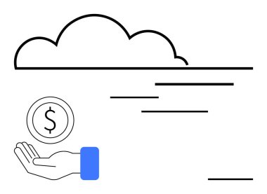 Bir dolar para tutan büyük bir bulutun altında, mali teknolojiyi, bulut depolamayı, dijital tasarrufları ve çevrimiçi hizmetleri sembolize ediyor. Fintech, bulut çözümleri, finans, teknoloji web tasarımı için ideal