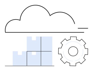 Bulut çizgisi, istiflenmiş kutular ve teçhizat depolama, lojistik ve otomatikleştirilmiş işlemler. Teknoloji, lojistik, bulut hesaplama, tedarik zinciri otomasyon veri depolama sade iniş için ideal