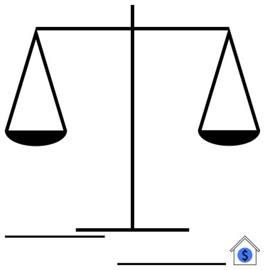 Merkez eksen üzerinde bir dolar işareti olan bir evin yanında denge sağlar. Hukuk, adalet, finans, gayrimenkul, eşitlik, karar verme ve hukuki danışmanlık için idealdir. Düz basit metafor